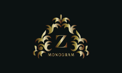 Bronze floral logo for letter Z on a dark background. Business sign, identity monogram for restaurant, boutique, hotel, heraldic, jewelry.