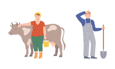 Farmers doing various works on farm. Agricultural workers characters cartoon vector illustration