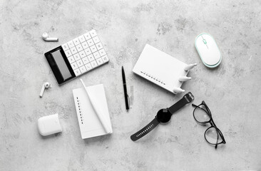 Different gadgets on grunge background