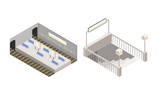 Subway station elements set. Subway platform and entrance. Modern railway transport concept isometric vector illustration