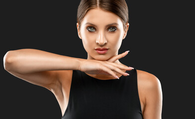 Portrait of attractive girl with healthy clean skin and beautiful make-up. Aesthetic cosmetology...
