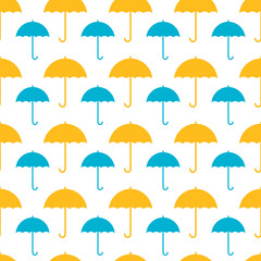 White seamless pattern with yellow and blue umbrellas.