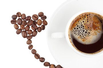 Coffee beans, coffee mug, top view, isolated on a white background.