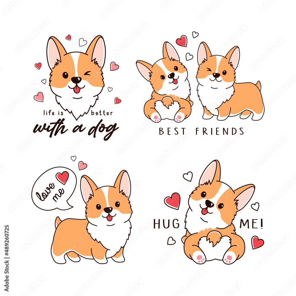 Wall mural vector set of cute pembroke welsh corgi dogs. colorful illustrations on white background