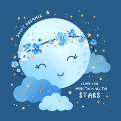 Vector illustration with cute moon in floral wreath, clouds and gold stars. Night sky blue background