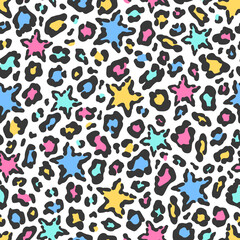Fashion seamless pattern with leopard fur and stars. Colorful animal skin on white background