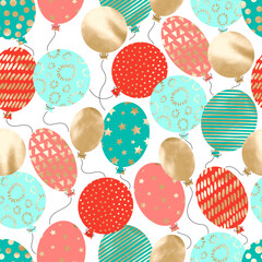 Gold, red and turquoise balloons on white background. Colorful birthday party seamless pattern - 489260723