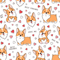 Vector seamless pattern with cute Welsh corgi dogs and hearts. Colorful illustrations on white background