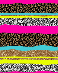 Fashion seamless pattern with gold glitter leopard fur. Sparkle animal skin on bright stripes background - 489260727