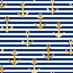 Nautical seamless pattern with gold glitter sea anchors on blue stripes background - 489260729