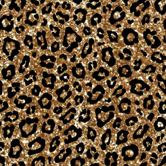 Fashion seamless pattern with gold glitter leopard fur. Sparkle animal skin on black background