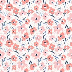 Vector seamless ditsy floral pattern with coral flowers on polka dots background - 489260731