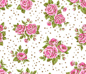 Seamless floral pattern with pink and gold glitter roses, peony flowers and dots on white background