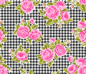 Vector roses and peony flowers on houndstooth seamless pattern. Black and white pied-de-poule and floral background