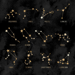 Astrology gold set of zodiac sings and stars on black watercolor background. Horoscope golden symbols collection