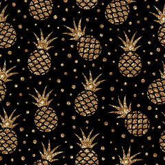 Vector fruit seamless pattern with gold glitter pineapples and dots on black background