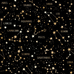 Vector astrology seamless pattern with gold zodiac sings and stars. Horoscope symbols space background - 489260740