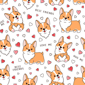 Vector seamless pattern with cute Welsh corgi dogs and hearts. Colorful illustrations on white background