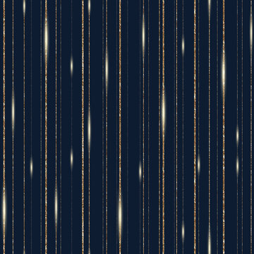 Vector abstract seamless pattern with gold glitter stripes. Falling sparkle particles on blue background