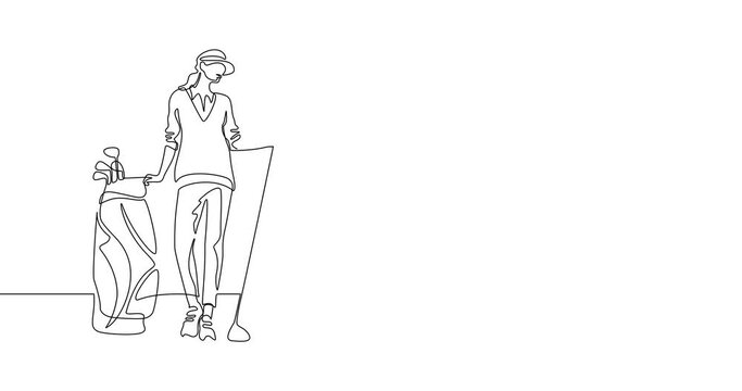 Animation of an image drawn with a continuous line. Woman in sportswear with golf sticks.
