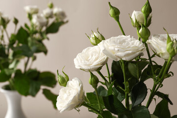 Bouquet of beautiful fresh roses on beige background, closeup