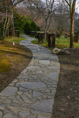 Prague, Czech Republic - February 12, 2022 - The Botanical Garden - the Japanese Garden in the sunny winter afternoon