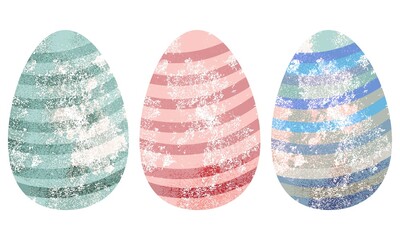 Set of blue and pink striped Easter eggs on a white background. Colorful flat vector illustration.