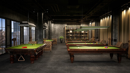 Snooker or Billiards club interior with multiple tables and windows with a city view. 3D rendering. - obrazy, fototapety, plakaty