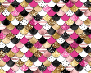 Vector seamless mermaid pattern with black, pink, gold and glitter scales. Colorful geometric abstract background - 489261722