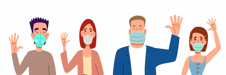 Fashionable men and women in medical masks say hello. A set of flat vector illustrations with a gesture of greeting people.