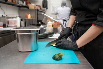 Fototapeta na wymiar Female chef cutting vegetables at a commercial kitchen. High quality photo