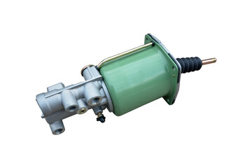 Brake master cylinder, pneumatic hydraulic booster car brake, truck brake system detail isolated on white background.