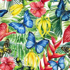 Tropical palm leaves, flowers and butterfly, watercolor botanical illustration. Jungle seamless patterns.