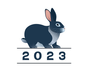 Fototapeta premium Black rabbit. Happy New year 2023. Bunny or hare standing on 2023. Chinese symbol of the New Year 2023. Annual animal zodiac sign. Year of the Black-Water Rabbit. Vector illustration isolated on white