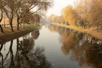 Fototapeta na wymiar foggy autumn on the river bank