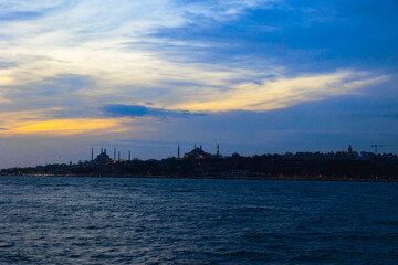 Istanbul at sunset. Silhouette of Istanbul and dramatic clouds at sunset