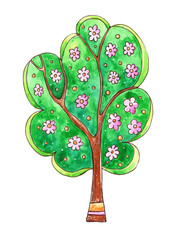 Watercolor illustration with blossoming spring tree. Tree with pink flowers.