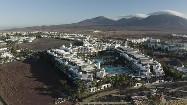 Yaiza, Spain - 11 January 2021: Aerial view of a luxury resort along the coast in Yaiza, Lanzarote Island, Canary Islands, Spain.