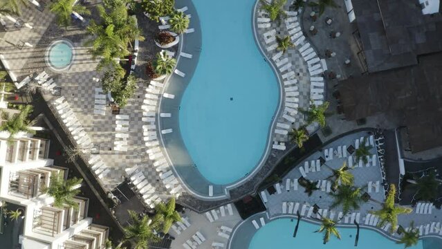 Aerial view of a luxury resort along the coast in Yaiza, Lanzarote Island, Canary Islands, Spain.