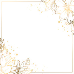 Square golden frame made of small flowers and branches of golden magnolia on a white background and splashes. Minimalism of forms in a square frame and abstraction. Vector illustration. © MARINA