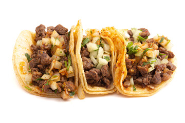 Three Steak Street Tacos Isolated on a White Background