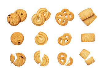 Set of danish butter cookies isolated on a white background. Whole and broken pretzel, round and rectangular shortbread biscuits with sugar cutout. Baked pastry, sweet food concepts. - obrazy, fototapety, plakaty