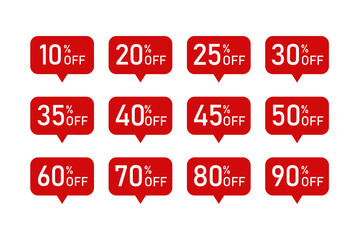 Sale tag speech bubble red shape different discount set. percent price sticker badge banner
