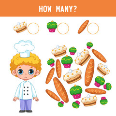 How many cakes, breads and cakes are there next to the boy's confectioner's child? Counting educational kids game, kids math activity sheet. Cartoon colored vector illustration.