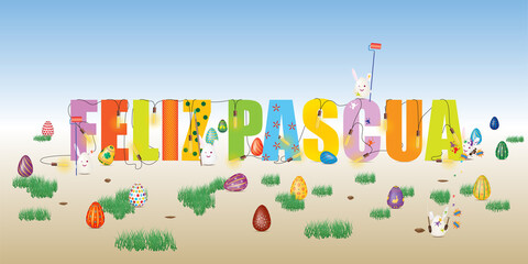 Feliz Pascua, Spanish Happy Easter illustration with Easter motifs and symbols in Czech language, painted eggs, rabbits, chickens. Vector drawing, organized layers.