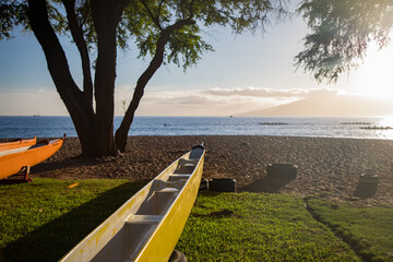 Outrigger canoe on beach in Maui 
