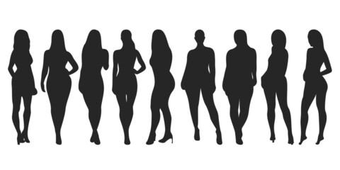 Black silhouette of naked women body. Woman pose vector collection.