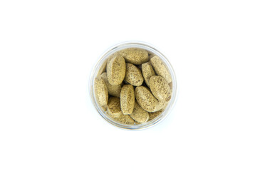 Supplements and vitamins isolate on white background. Selective focus.