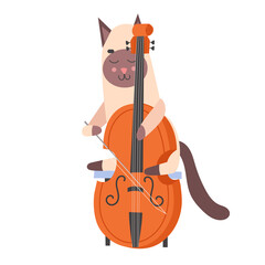 vector Siamese Cat plays the Cello. Cute Kitty plays a stringed Musical Instrument. Flat illustration isolated on a white background.