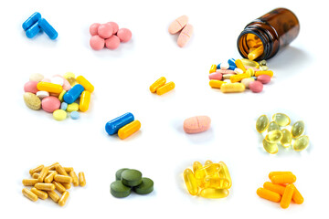 Supplements and vitamins on a white background. Selective focus.